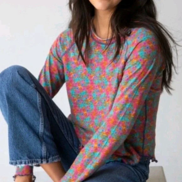 Natural Life Lily T-Shirt Top XXL Lightweight Lettuce Hem Floral LS Pink Boho - Picture 1 of 6